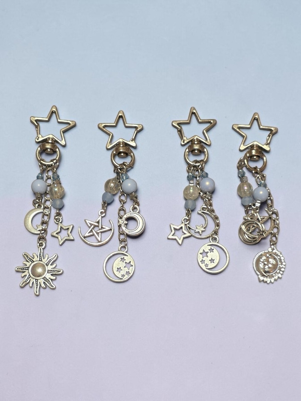 Celestial Star Charm Keychains - Silver Tone - Set Of 4